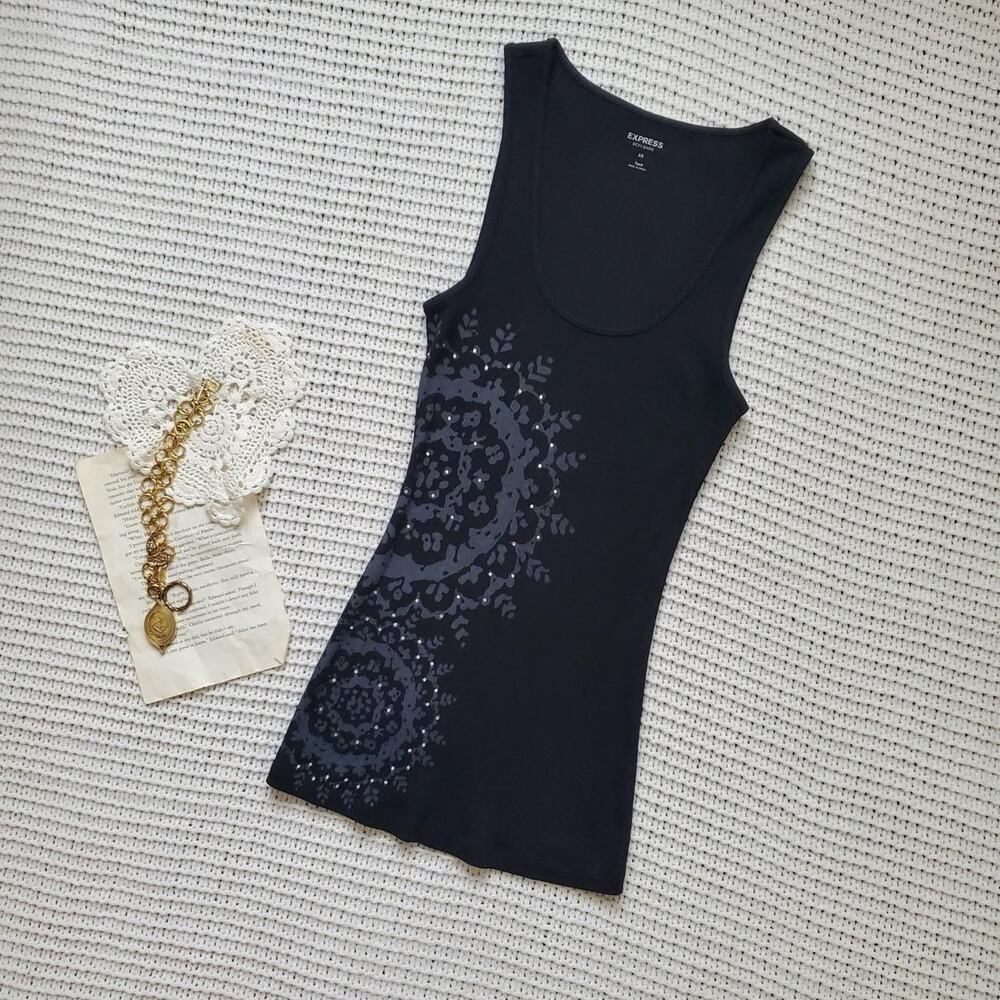 Y2k express fitted graphic rhinestone tank top